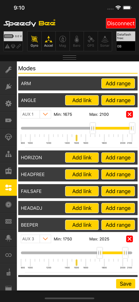 Configuring drone flight modes and auxiliary channel ranges in the SpeedyBee app