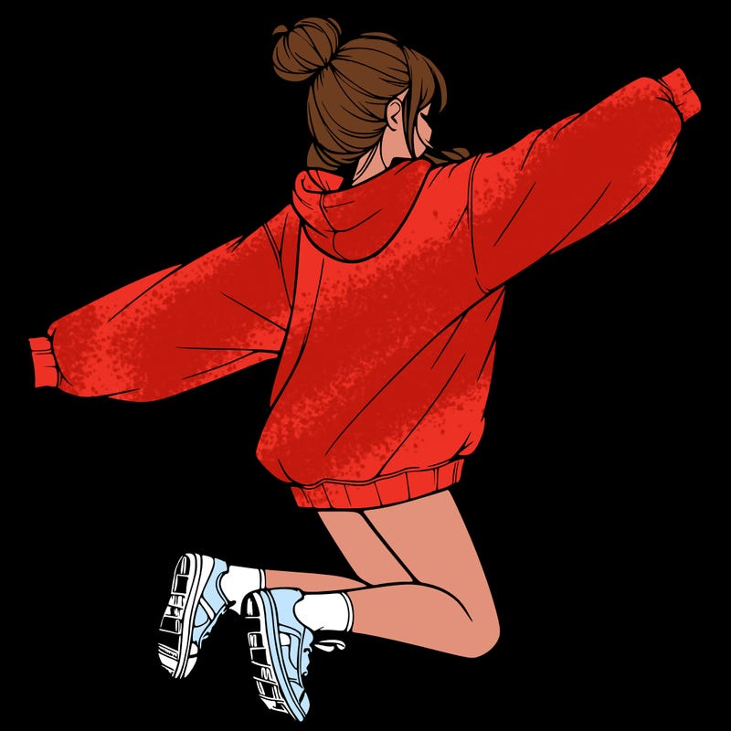 realistic girl jumping with a bun and oversized sweatshirt
