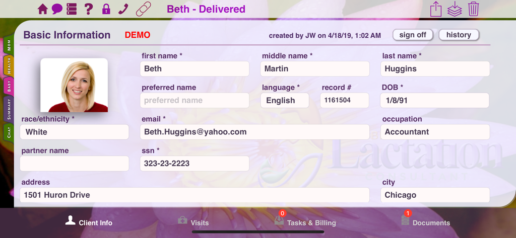 A screenshot of the Mobile Lactation Consultant app's client basic information screen, showing demographic and contact details for a patient.