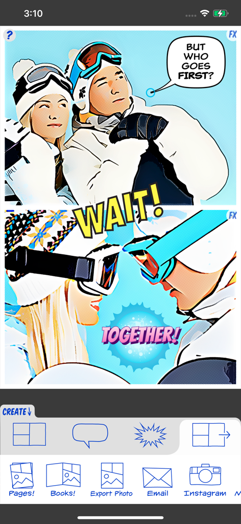 Interface of ComicBook app showing a two panel comic strip made from photos with speech bubbles and action stickers