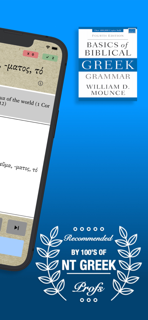 FlashGreek: Mounce edition - Screenshot of FlashGreek Mounce Edition app showing digital flashcards and the Basics of Biblical Greek Grammar textbook cover