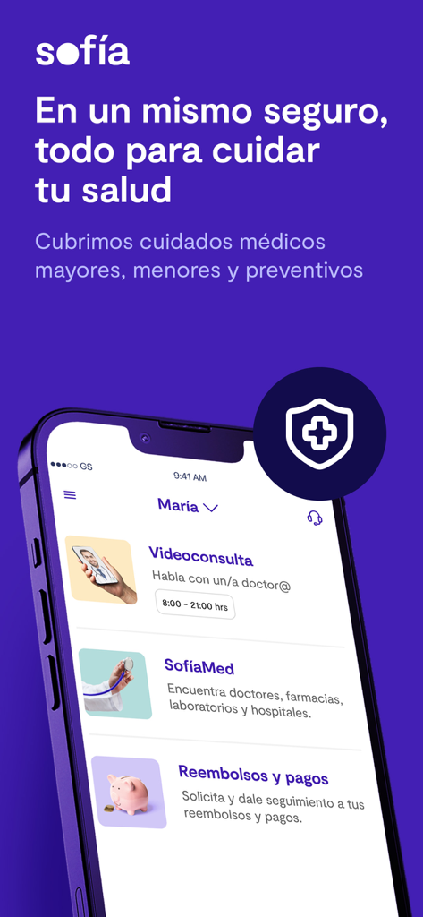 Sofía - Interface do aplicativo de seguro de saúde Sofia em um smartphone, mostrando opções para consultas por vídeo e serviços médicos
