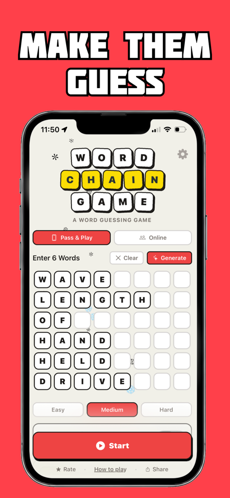 Word Chain Game Challenge - Oberfläche der Wortketten-Spiel-Herausforderung-App, die den Pass and Play-Modus mit einem Wortketten-Rätsel zeigt