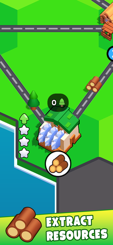 States Builder: Trade Empire - States Builder Trade Empireの緑色の六角形マップで木材資源を抽出する製材所。