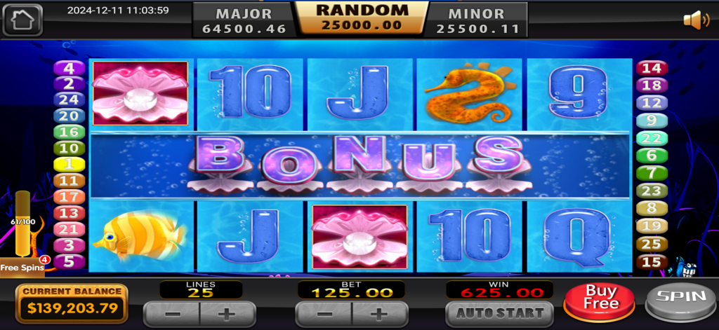 Macchina slot a tema sottomarino con simboli bonus e icone di perle