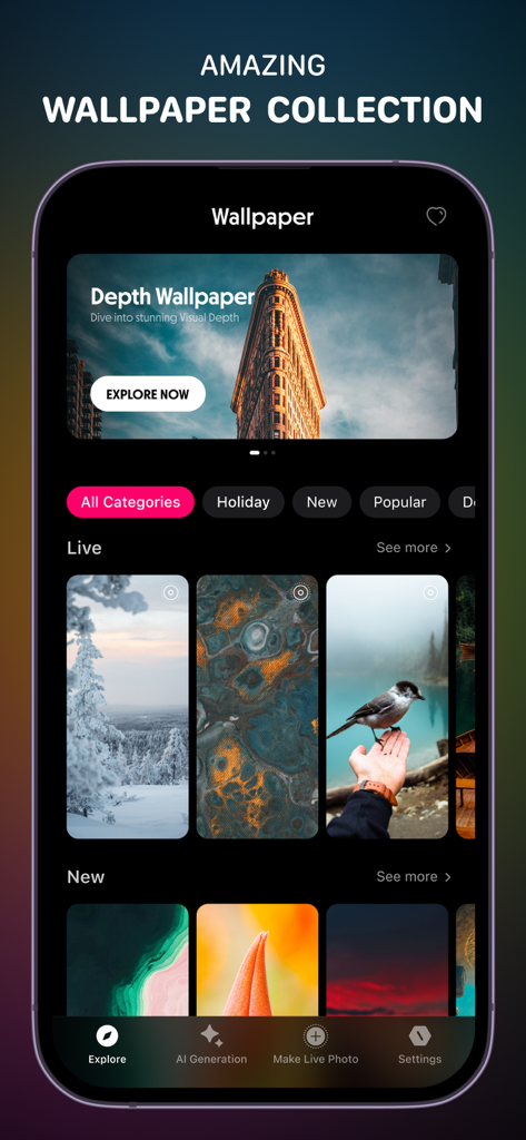 Oberfläche der WallPics App, die verschiedene Kategorien von 4K Live- und Tiefeffekt-Hintergrundbildern für das iPhone anzeigt