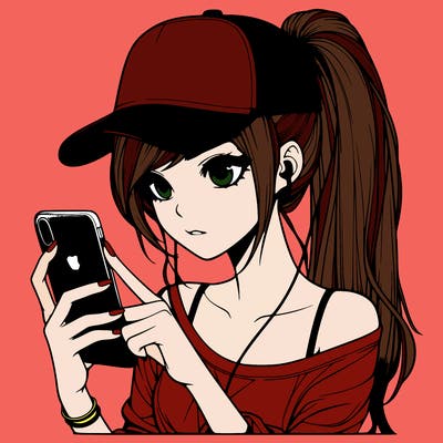 realistic girl with a long ponytail and trucker hat holding an iphone
