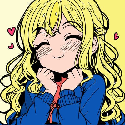 anime girl blushing with a smile and long curly hair