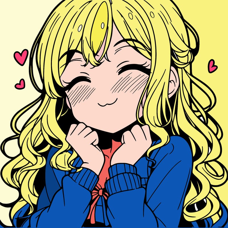 anime girl blushing with a smile and long curly hair