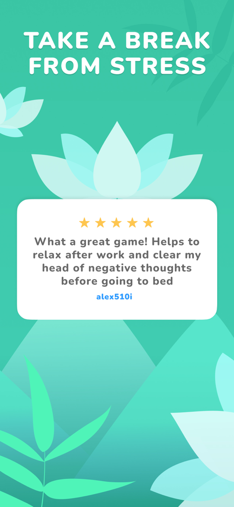 Word Yoga - Unlimited & Daily - Five star user review for Word Yoga app highlighting stress relief and relaxation