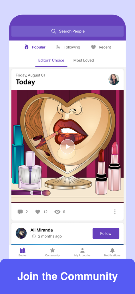 Screenshot of the Colorgram app community feed showing a makeup-themed digital coloring page