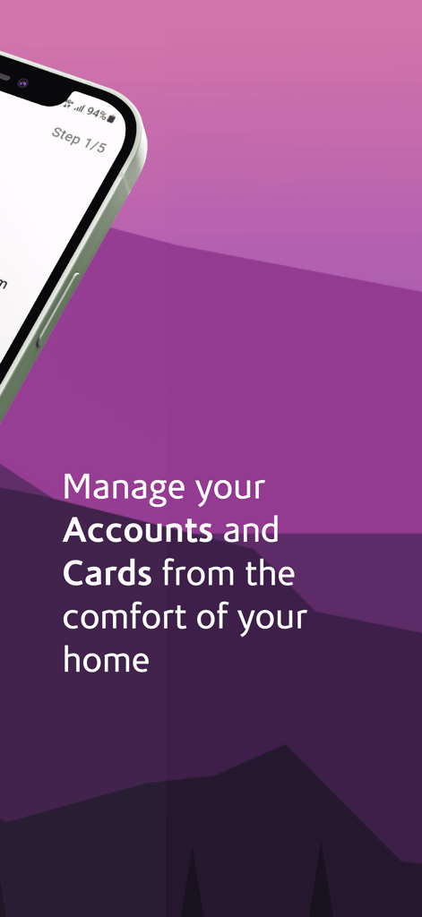 Steward Bank Square app screen showing text about managing accounts and cards from home on a purple background