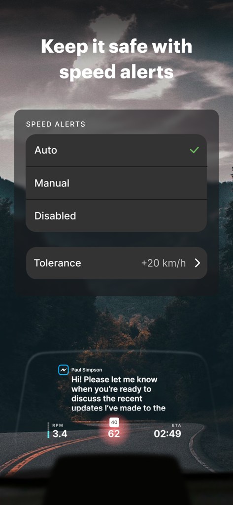 HUDWAY Drive: HUD for any car - HUDWAY Drive app interface showing speed alerts settings and a heads-up display dashboard with speed and notifications