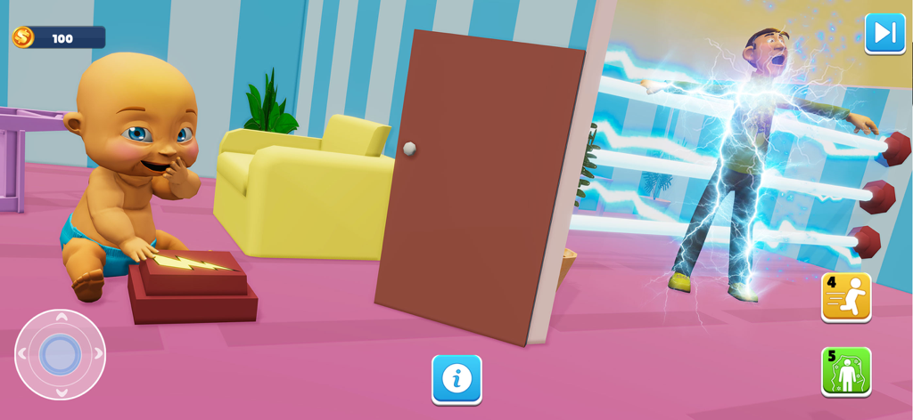 Hide And Seek: Find Daddy Game - A mischievous baby presses a button to activate an electric fence trap on daddy in a colorful room.