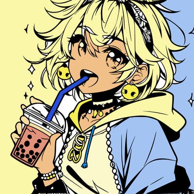 hot baddie anime girl drinking boba and biting the straw