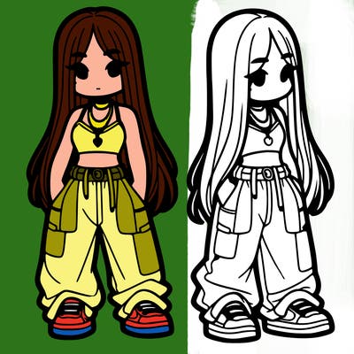 girl in baggy pants crop top and long hair