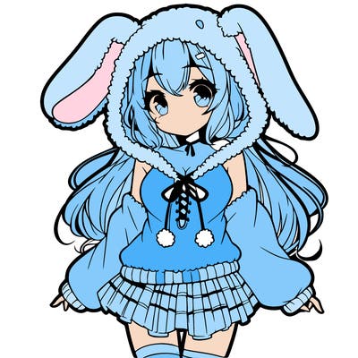 pretty anime girl wearing a fluffy hoodie with bunny ears on the hood and a skirt