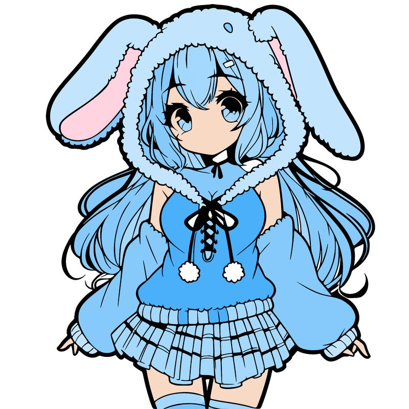 pretty anime girl wearing a fluffy hoodie with bunny ears on the hood and a skirt