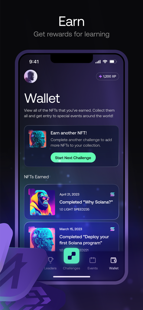 EasyAアプリのウォレット画面。Solanaプログラミングのようなブロックチェーン教育チャレンジを完了して獲得したNFT報酬が表示されています。