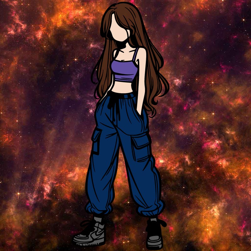 girl in baggy pants crop top and long hair