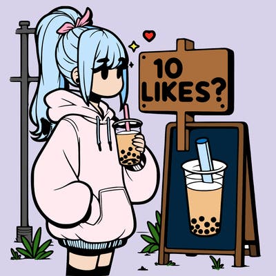 girl with oversized hoodie drinking boba and she has a high ponytail with a sign that says 10likes?
