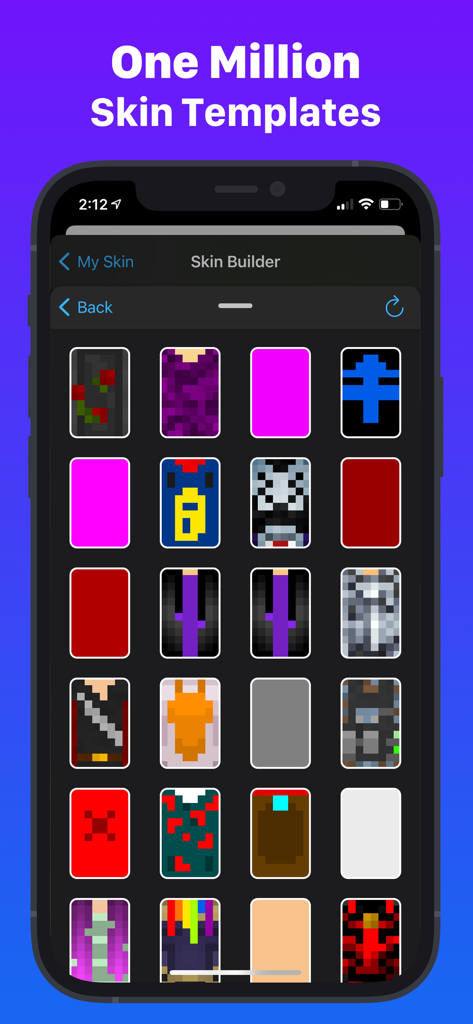 Create Skins for Minecraft PE - Minecraft PE用のスキンビルダーツールで、さまざまなピクセルアートスキンテンプレートのグリッドを表示するモバイルアプリ画面。