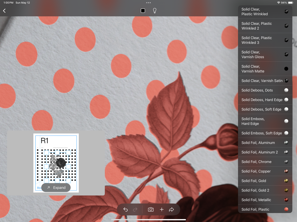 LiveSurface Vision - Interface of LiveSurface Vision app showing various material effect options like foil and varnish for realistic 3D design mockups
