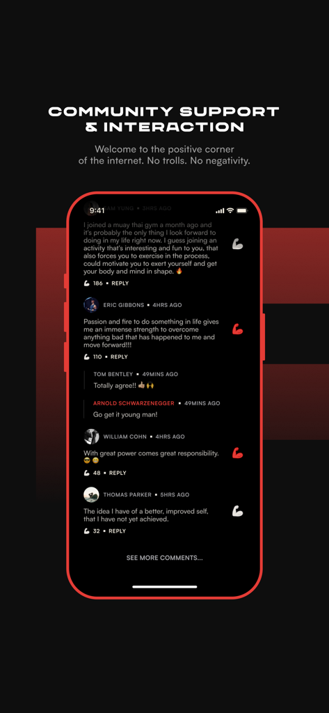 Pump Club app screenshot showing community comments and a positive response from Arnold Schwarzenegger.