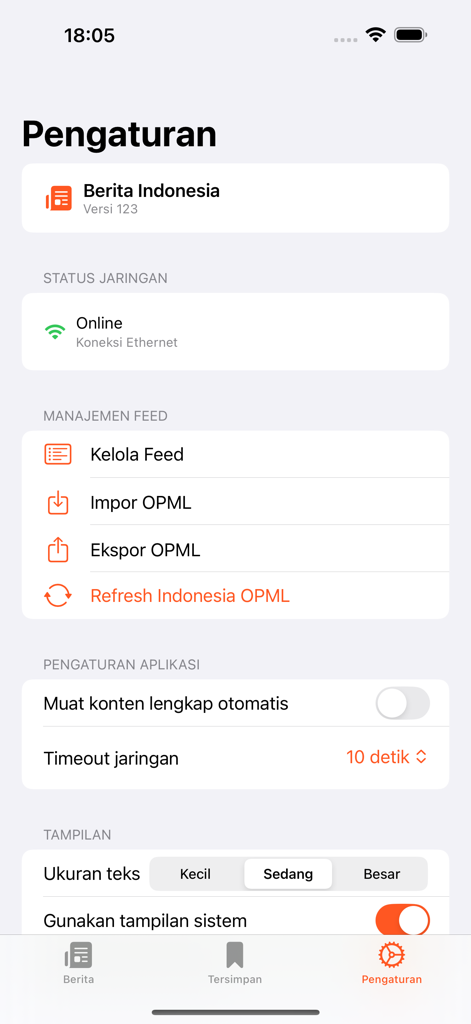 Settings page of the Indonesia Berita News app showing feed management and appearance options.