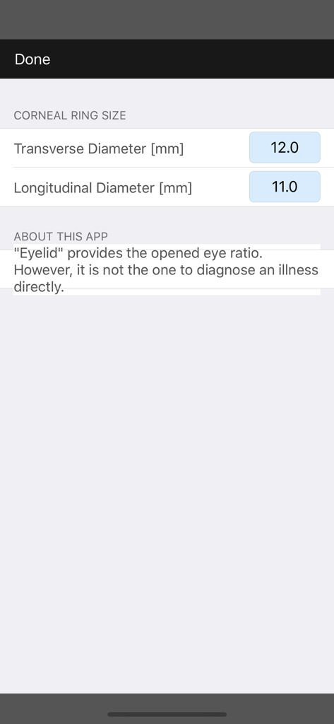 Eyelid - Settings screen of the Eyelid app showing corneal ring size configuration for transverse and longitudinal diameters