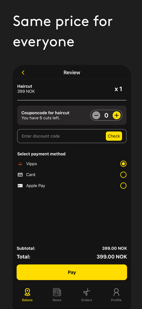 Tela de revisão de pagamento no app Cutters mostrando um corte de cabelo com preço fixo com opções de pagamento via Apple Pay ou cartão
