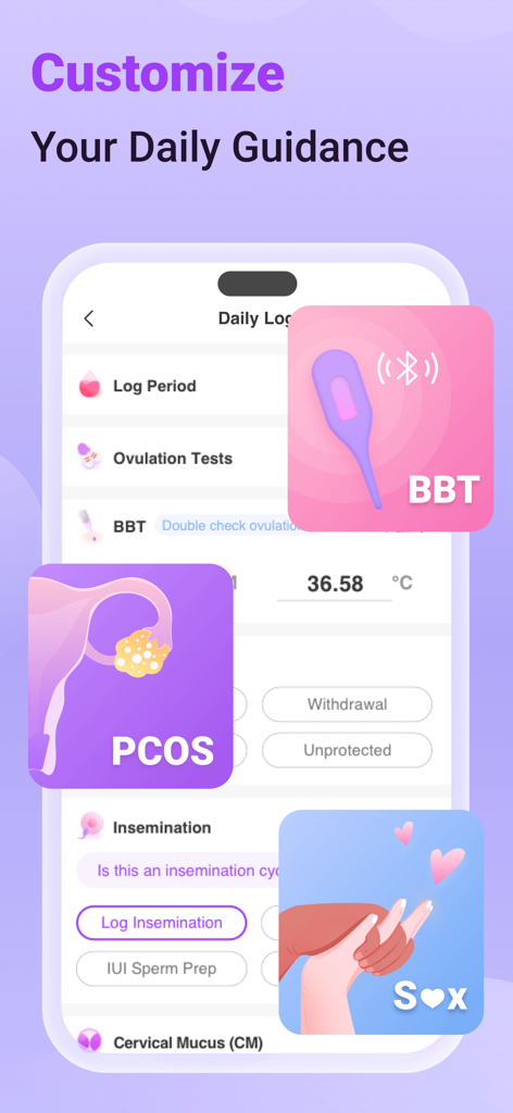 Premom App-Oberfläche, die tägliche Protokolloptionen für BBT-Tracking, PCOS-Bewertung und sexuelle Aktivitätsprotokolle anzeigt