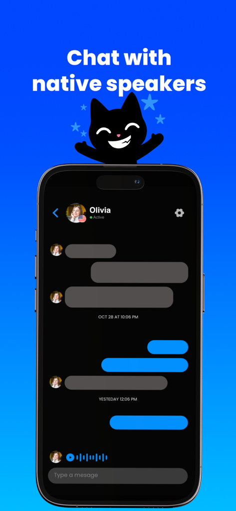 Catlangu - Language Practice - Catlangu app interface showing a chat conversation with a native speaker