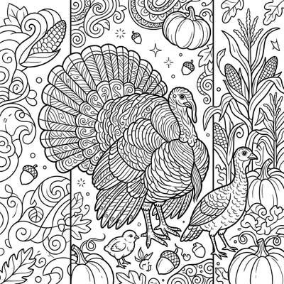 Get ready to add vibrant colors to this delightful bookmark featuring domestic turkeys and bountiful autumn harvest elements. It's the perfect creative activity to celebrate the cozy fall season and mark your favorite books.