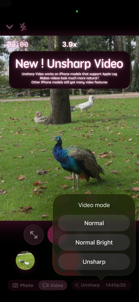 Unsharp - Unsharpアプリのインターフェース。公園にいるクジャクが写った新しいビデオモード機能が表示されている。