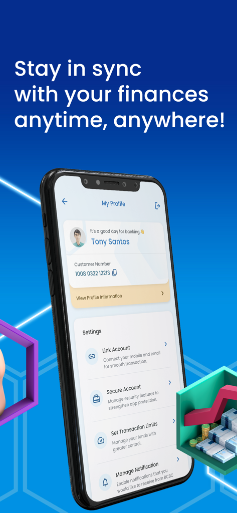 RCBC Pulz app interface displaying user profile and account security settings on a mobile phone