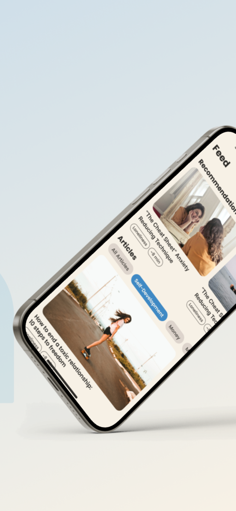 Mindspa - Mindspa app interface on an iPhone displaying a feed of psychology articles and self-development tips.