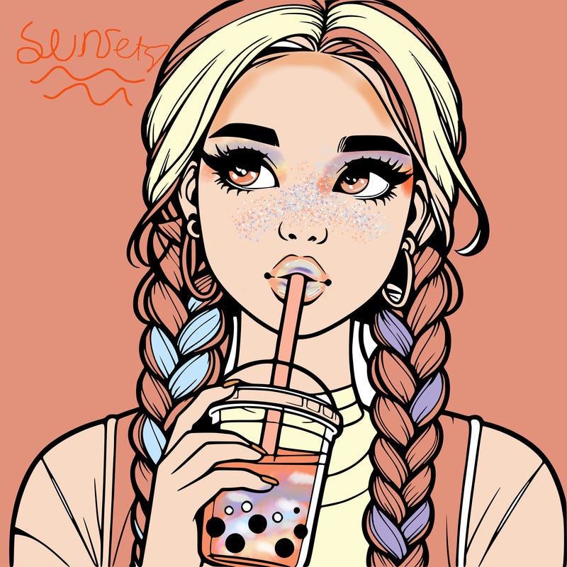 realistic girl with braided hair drinking boba