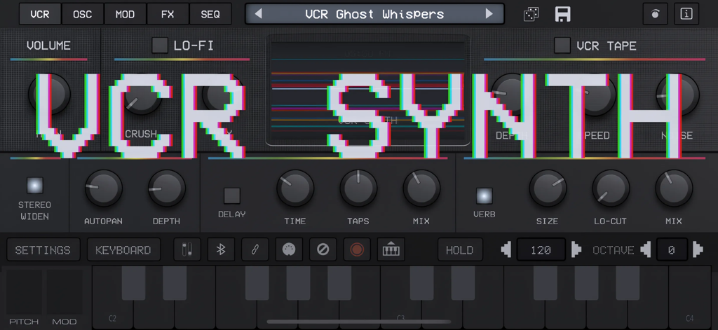 Interface of King of VHS VCR Synth app featuring lo-fi audio controls and a pixelated title