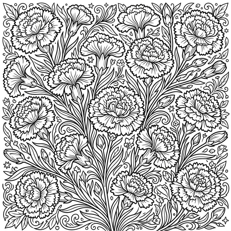 Unleash your creativity with this beautiful carnation floral coloring page. Adorned with delicate petals and lush leaves, it promises a relaxing and engaging artistic experience.