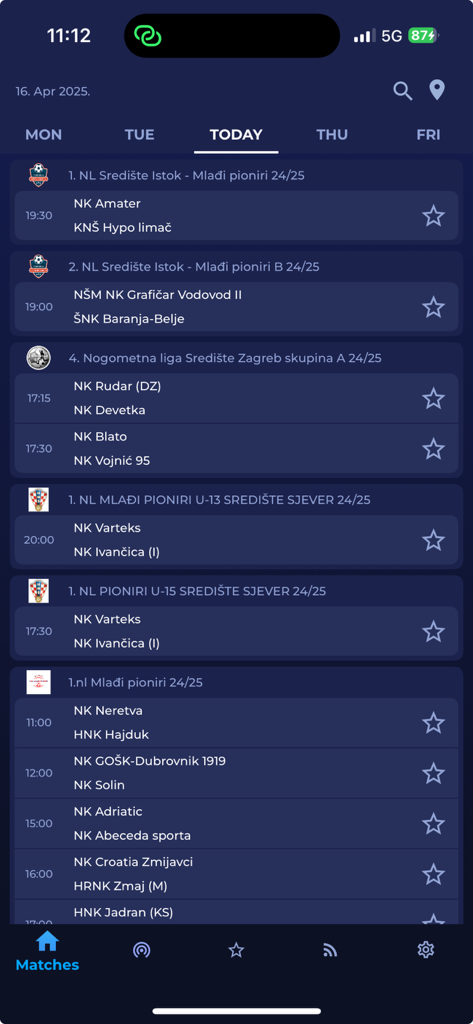HNS SEMAFOR - A mobile application screen displaying a list of Croatian football matches scheduled for today across various leagues