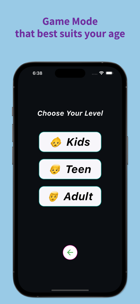 Truth or Dare app interface showing the level selection screen with options for Kids, Teen, and Adult modes