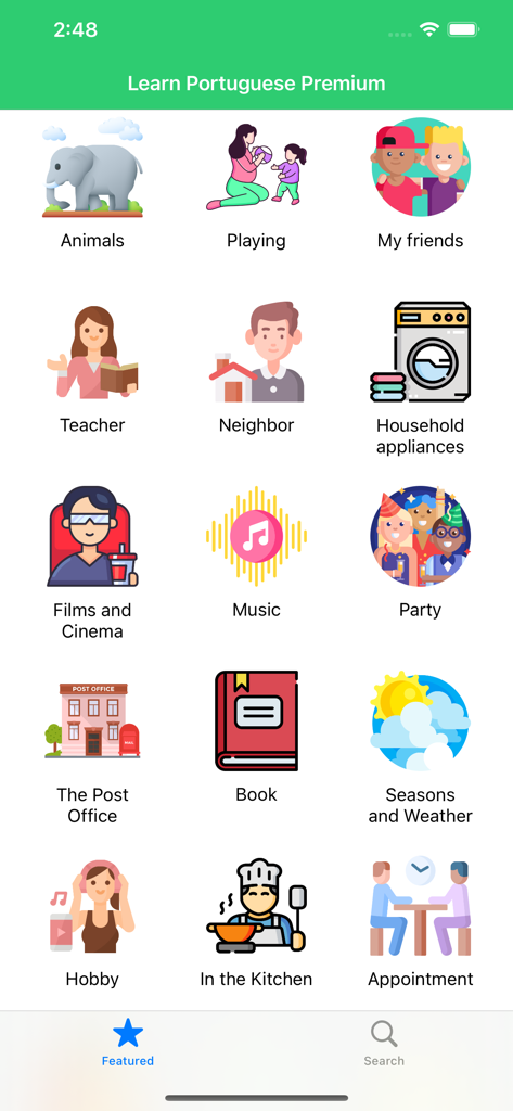 Learn Portuguese Premium - Menu showing various practical Portuguese vocabulary categories with colorful icons like animals teacher and hobbies