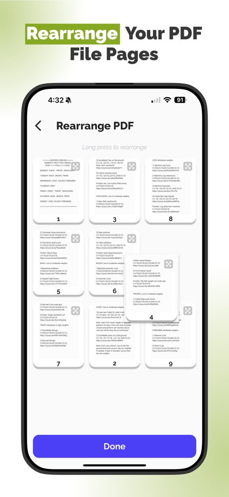 PDF Converter - All Documents - Interfaz de la aplicación Convertidor de PDF que muestra una cuadrícula de páginas de documentos que se pueden reorganizar