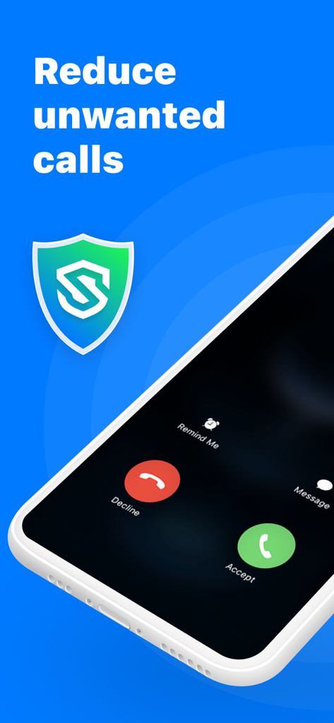 Spam Call Blocker Scam Shield - A smartphone showing an incoming call interface with a protective shield icon and text that says Reduce unwanted calls