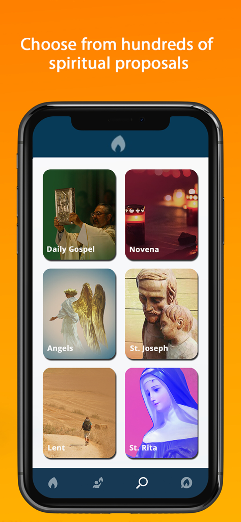 Interfaz de la aplicación Hozana que muestra diversas comunidades de oración cristiana y temas espirituales