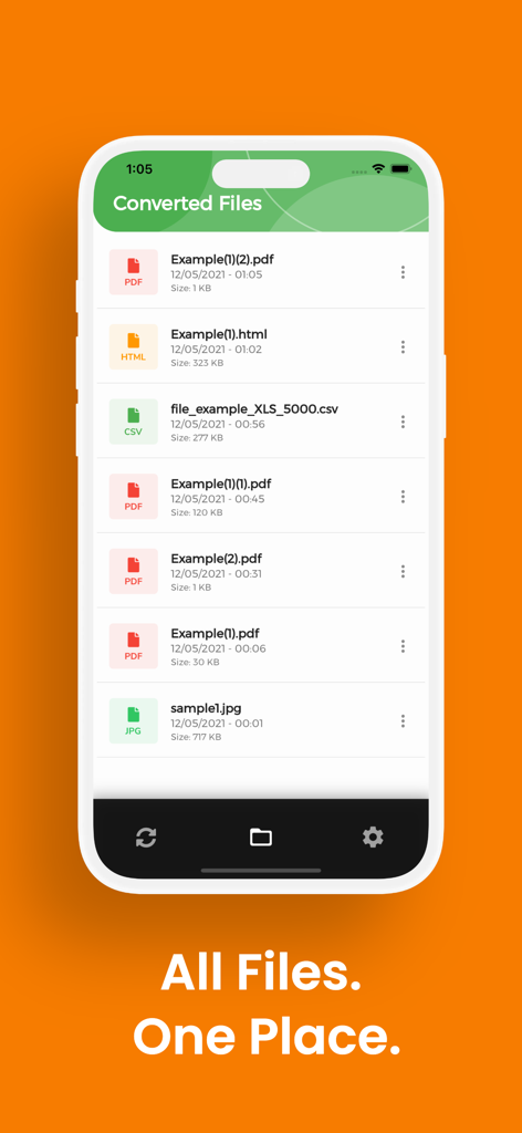 PDF, HTML, CSV와 같은 다양한 형식의 변환된 파일 목록을 보여주는 iPhone 화면.