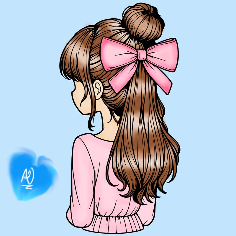 realistic girl  with hip length hair a bun and a big bow on the back of head