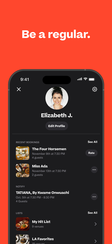 Resy - Resy app user profile showing recent restaurant bookings and Notify alerts.