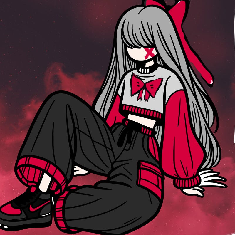 a girl with baggy pants and a crop top with long hair